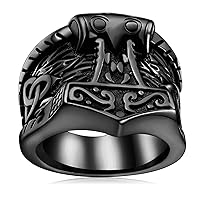 FaithHeart Norse Viking Jewelry Mens Stainless Steel Vikings Thor's Hammer/Wolf Head Ring Valknut Warrior's Gothic Jewelry-Personalized Engrave