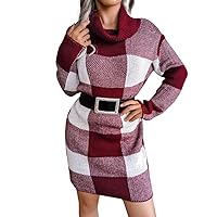 APSAVINGS Plaid Funnel Neck Long Sleeve Mini Sweater Dress (Belt NOT Included)