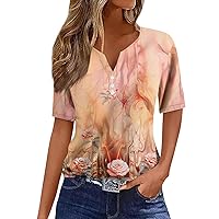 Womens Short Sleeve Button Down Shirts Fashion Casual Vintage Printed V-Neck Decorative T-Shirt Top