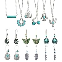 16PCS Turquoise Western Jewelry Set Earrings for Women,Ethnic Western Jewelry Combination Set,Butterfly Heart Pendant Earrings Necklace Jewelry for Women