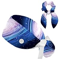 Beautiful Glowing Andromeda Galaxy Pattern Surgical Cap with Buttons/Bow Hair Scrunchy for Long Hair