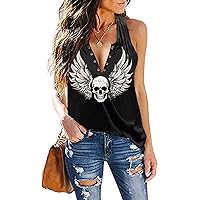 Skull Shirts for Women Tank Top V-Neck Lace Up Sleeveless Casual Summer Workout Yoga Tank Tops