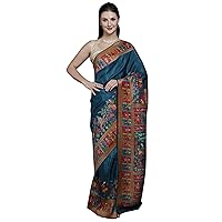 Superfine Blue-Coral Kani Handloom Saree from Kashmir with Woven Persian Hunt Scenes