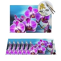 Beautiful Orchid Print Placemats Set of 6 PVC Woven Place Mats Non-Slip Heat Resistant Kitchen Placemat Washable Dining Table Mats for Wedding Party Decoration 18 x 12 Inch