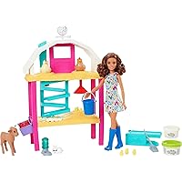 Barbie Doll & Playset, Hatch & Gather Egg Farm with Hatching Molds & Dough, Chicken Coop, 10 Animals & Accessories, Brunette Doll