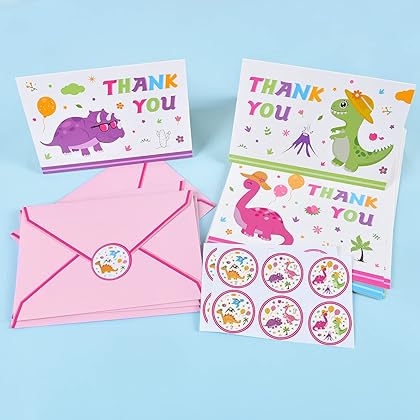 WERNNSAI Dinosaur Thank You Card - 24 Sets Kids Dino Thank You Cards with Envelopes for Toddler Girls Childrens Blank Thank U Notes for Birthday Party Gift Cards 4