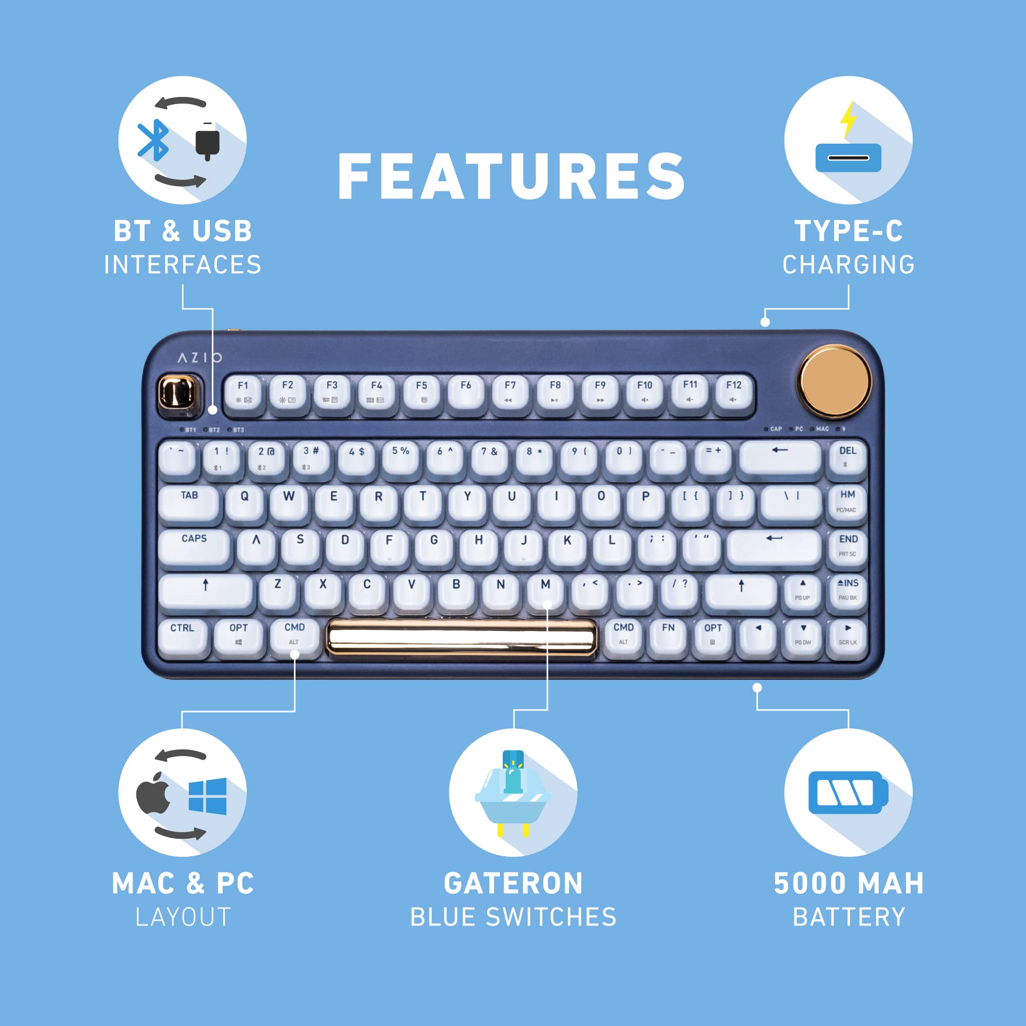 Azio IZO Wireless BT5/USB PC & Mac Mechanical Keyboard, Blue Iris