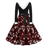 Women's Baby Doll Dress Fashion V-Neck Casual Slim Christmas Printed Long Sleeve Woolen Dresses Holiday, S-5XL