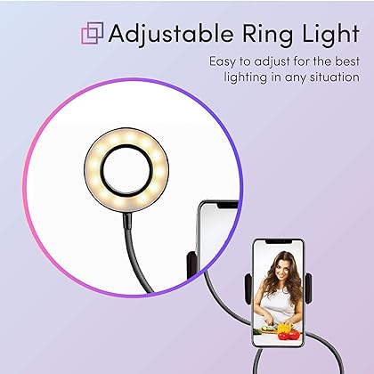 TALK WORKS Selfie Ring Light Cell Phone Holder Compatible w/iPhone 15/14/13/12/SE/11/XR/XS/X/8/7/6 Mini/Plus/Pro/Pro Max - Flexible Clip USB LED Stand for Live Streaming w/10 Brightness Levels (Black)