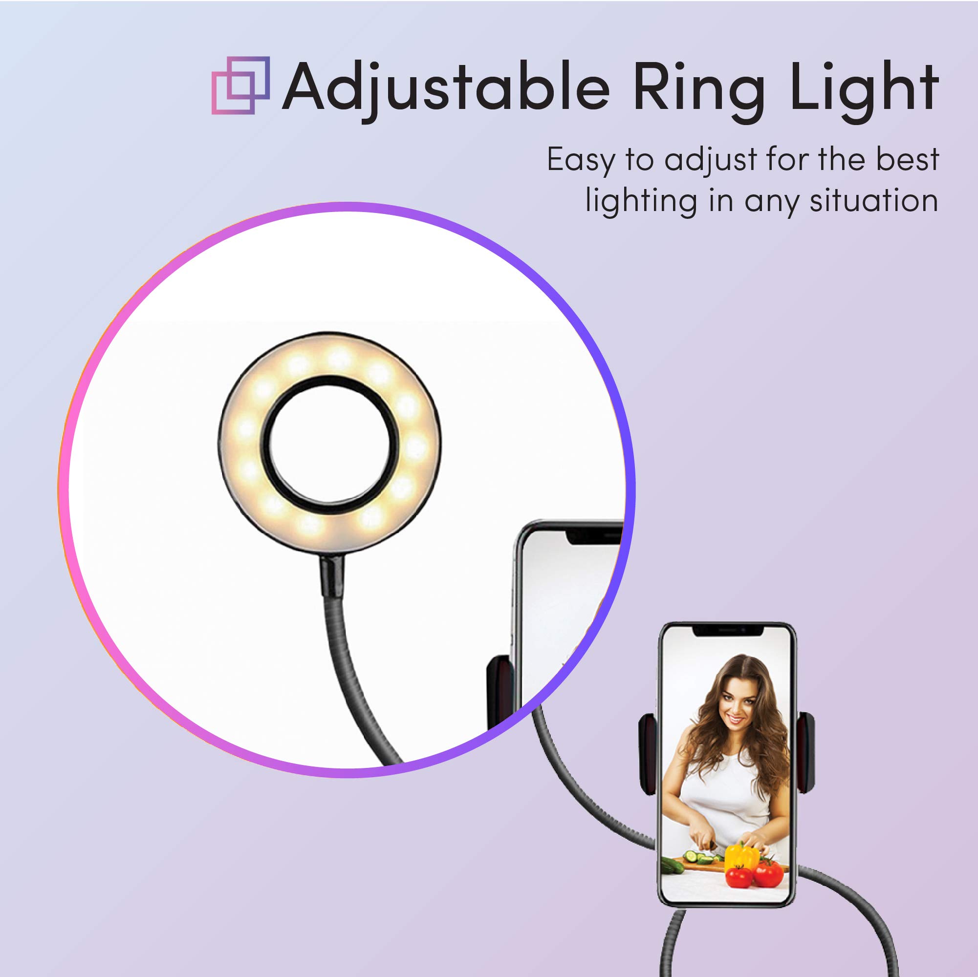 TALK WORKS Selfie Ring Light Cell Phone Holder Compatible w/iPhone 13/13 Pro/13 Pro Max/14/14 Plus/14 Pro/14 Pro Max - Flexible Clip USB LED Stand for Live Streaming w/ 10 Brightness Levels (Black)