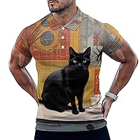 Black Cat Enjoy Coffee Mens Polo Shirts Casual Short Sleeve T Shirt Regular Fit Golf Shirts Funny Printed
