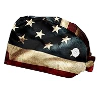 2 Packs Adjustable Surgical Scrub Caps, Working Cap with Sweatband & Button, American Flag Unisex Bouffant Caps