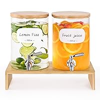 Water Drink Dispenser with Stainless Steel Spigot,16 Waterproof Labels, Bamboo Lid and Stand - 2 Pack 120oz Borosilicate Galss Beverage Dispenser for Parties, Juice, Cold and Hot drinks
