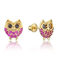 14K White Gold Plated Round Simulated Diamond Ear Studs Owl Stud Earrings with Cuibc Zirconia For Girls