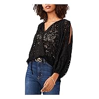 Vince Camuto Womens Black Eyelet Cold Shoulder Sheer Unlined Pullover Dolman Sleeve Tie Neck Top XXS