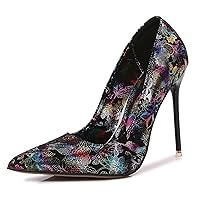 Womens Printed Embroidery Pumps Pointy Closed Toe Stiletto High Heels Slip on Porm Party Wedding Dress Shoes 11cm Heels