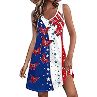 4th of July Dress Plus Size 4th of July Dress Women 2024 American Print Vintage Fashion Casual with Sleeveless Round Neck Sundresses Royal Blue Large