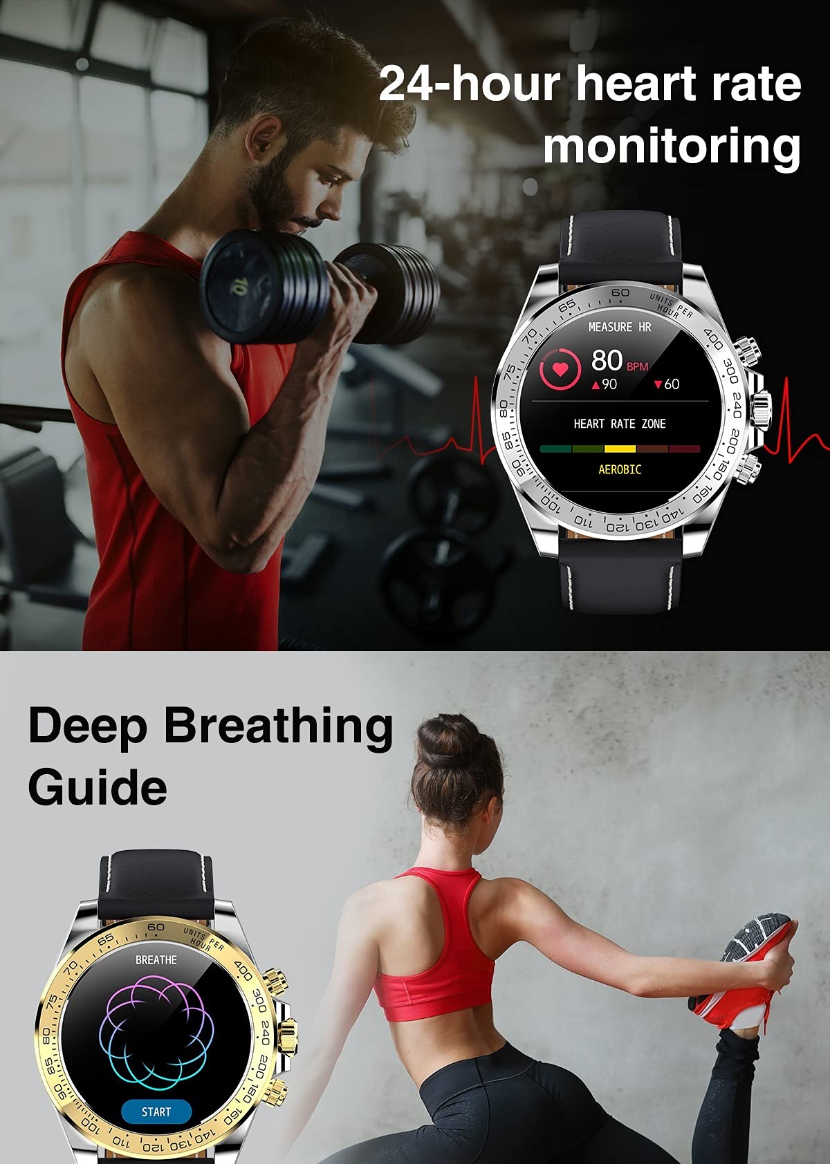 FULNES Advanced Smart Watch 24hour Heart Rate Monitoring IP68 Waterproof Smartwatch,Information Reminder, Sedentary Reminder,Stopwatch,Step Counting Music Control For Man Women