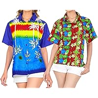 LA LEELA Women's Hawaiian Blouse Shirt for Girls Button Down Up Shirt Work from Home Clothes Women Beach Shirt Blouse Shirt Combo Pack of 2 Size L