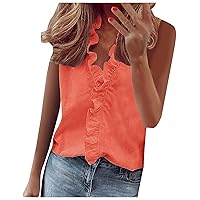 Plus Size Womens Ruffle Deep V Neck Trendy Tank Tops Summer Stand Collar Sleeveless Dressy Casual Solid T-Shirts