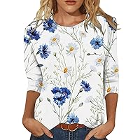 Summer T Shirt for Women 2024 Printing Round Neck Blouses Three Quarter Sleeve Relaxed Fit Elegant Tops