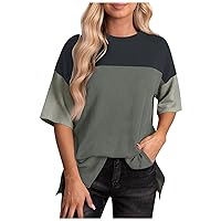 Womens Fashion 2024 Color Block Short Sleeve Crewneck Knitted Casual Loose Shirts Summer Trendy Comfy Tunic Tops