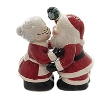 Fine Ceramic Kissing Santa & Mrs. Claus Under the Mistle Salt & Pepper Shakers Set, 3-3/8