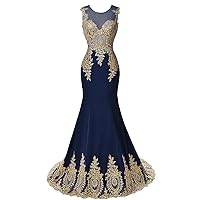 Women's 2019 Crystals Gold Lace Mermaid Evening Dresses Long Sheer Illusion Neck Formal Prom Gowns