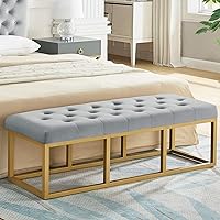 Upholstered Tufted Long Bench with Golden Metal Leg, Gray Velvet Bench with Padded Seat-Gray