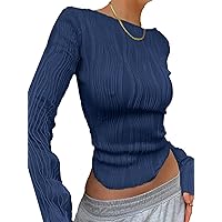 Women's Solid Long Sleeve T-Shirt Y2K Crop Top Scoop Neck Asymmetrical Hem Basic Tee