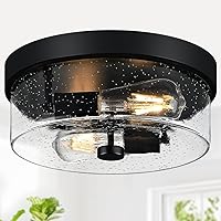 Black Flush Mount Ceiling Light Fixtures, 2-Light Ceiling Mount for Farmhouse with Seeded Glass Lampshade, Industrial Flush Mount Light Fixture Farmhouse for Hallway, Kitchen, Entryway and Foyer