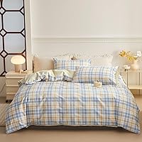 EAVD Geometric Grid Plaid Duvet Cover Queen Blue Yellow Cotton Reversible Pattern Bedding Set with 2 Pillowcases Chic Garden Botanical Floral Duvet Cover with Zipper Closure for All-Season