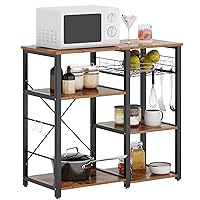 SDHYL Coffee Bar, 35 inch Bakers Rack Microwave Stand with 5 Storage Shelves Hanging Hooks, Kitchen Shelves Organizers Bakers Racks with Movable Basket, Coffee Station Table for Home Kitchen