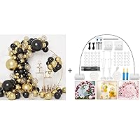 RUBFAC Black and Gold Balloons Garland Arch Kit with Base, Metallic Confetti Gold Balloons for Graduation Party Baby Shower Wedding Birthday Anniversary, 9FT Tall & 10Ft Wide