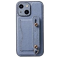 Genuine Leather Case for iPhone 15 Pro Max/15 Pro/15 Plus/15, Lens Camera Protection Case with Card Slot Kickstand Wrist Strap Anti-Fall Cover,Blue,15 Pro Max''