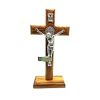 Olive Wood Standing Table St Benedict Cross Crucifix 8.5