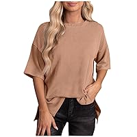 Oversized Tshirts for Women, Womens Summer Short Sleeve T Shirts Slim Fit V Neck Ribbed Knit Basic Solid Color Tees Tops
