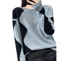 Autumn and Winter 100% Wool Sweater Women's Round Neck Contrasting Color Thickened Sweater Loose Knitted Top