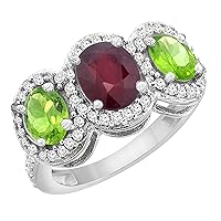 PIERA 10K White Gold Natural Quality Ruby 3-stone Mothers Ring Oval Diamond Accent, size 5-10