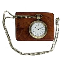 Bronze Open Roman Number Pocket Watch with Long Chain in Handmade Wooden Box, Bronze, Standard, Antique,Vintage