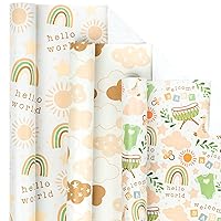 LeZakaa Baby Shower Wrapping Paper Roll - Mini Roll - Baby Suit/Rainbow, Sun/Cloud for Baby Boy, Girl - 17 x 120 inches - 3 Rolls (42.5 sq.ft.ttl.)