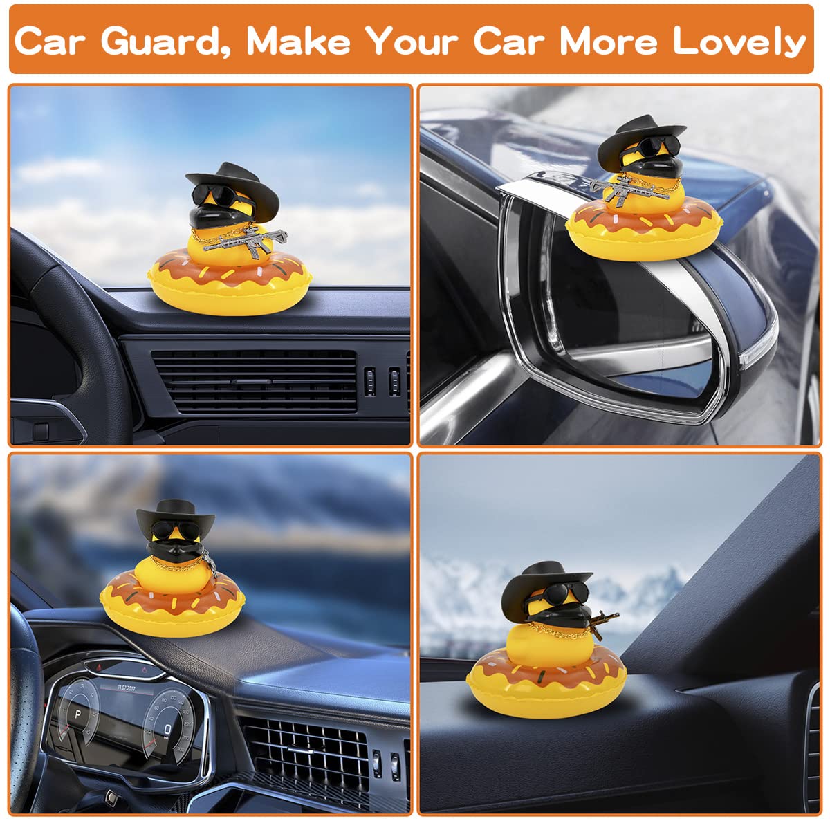 Car Duck Decoration Dashboard - Rubber Duck Toy Car Ornament, Car Accessories Duck with Mini Sun Hat Swim Ring Necklace and Sunglasses for Party Favors, Birthdays, Bath Time, Blue Sun Hat