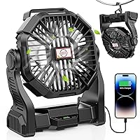 10400mAh Battery Operated Fan, Camping Fan Rechargeable with LED Light & Hooks, Portable Tent Fan Outdoor for Picnic, Barbecue, Fishing, Travel（Black）