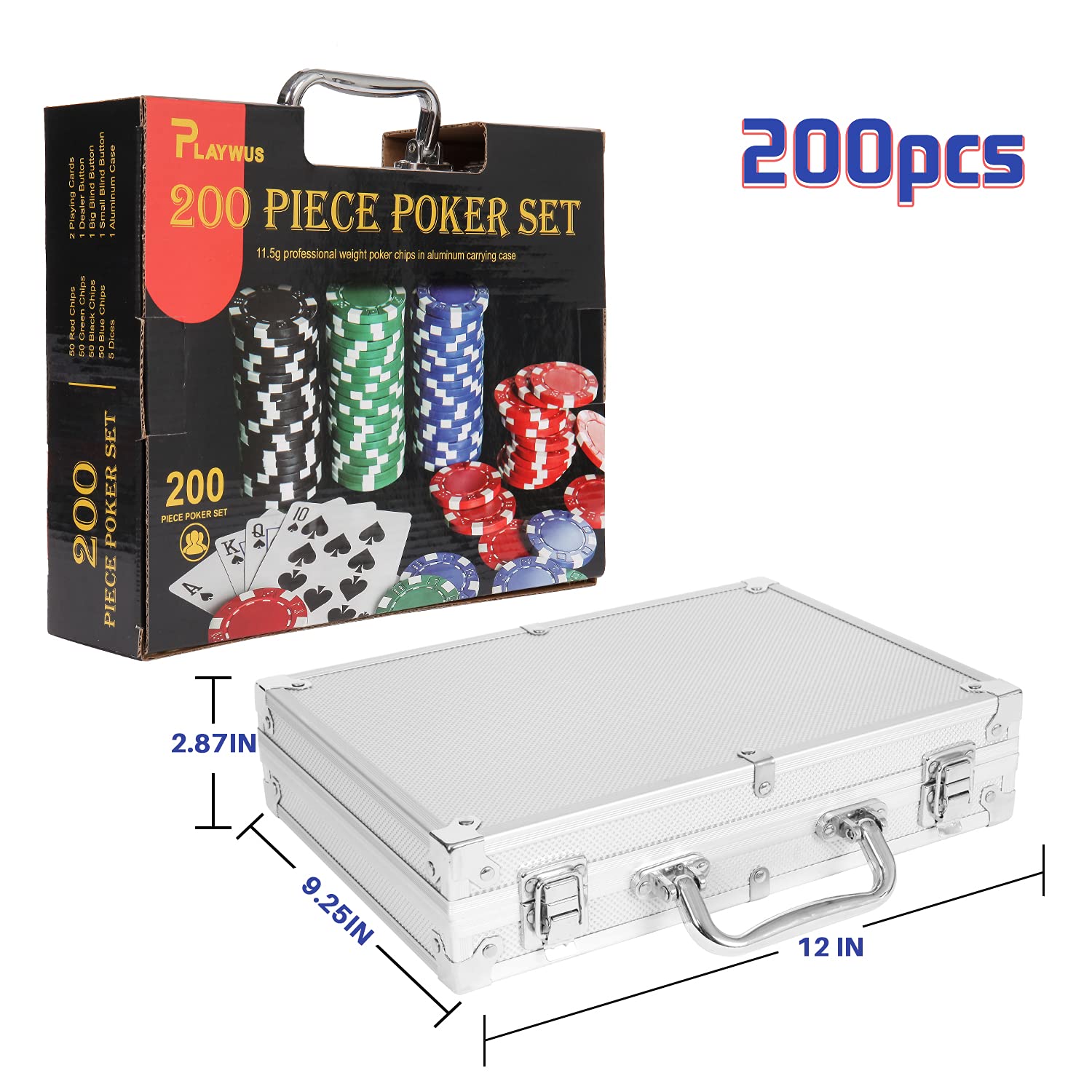 PLAYWUS Poker Chip Set for Beginners, 200 Pcs Casino Poker Chips with Aluminum Case,11.5 Gram Chips with Iron Insert for Texas Holdem Blackjack Gambling