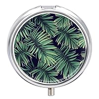Round Pill Box Palm Tree Leaves Branches Portable Pill Case Medicine Organizer Vitamin Holder Container with 3 Compartments