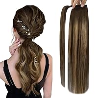 Full Shine Ponytail Hair Extensions 12Inch Balayage Ombre Brown Fading Caramel Brown One Piece Clip In Ponytail Extension Human Hair Wrap Around Pony Tails Hair Extensions 70G