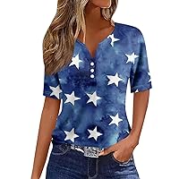 Women's T Shirt Tee Independence Day Print Button Short Sleeve Daily Henley Blouses 2024 Trendy T Shirts