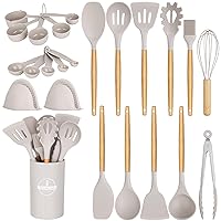 24 Pcs Kitchen Cooking Utensils Set,446°F Heat Resistant Non-Stick Silicone Kitchen Utensil Set With Wooden Handles and Holder,Kitchen Gadgets for Cookware,Kitchen Accessories,Khaki