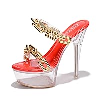 Cape Robbin Sion Sexy Transparent Platform Stiletto High Heels for Women, Clear Slide On Heeled Mule Shoes with Gold Link
