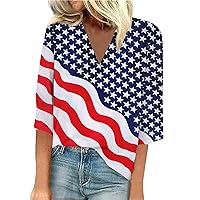 3/4 Sleeve Shirt Womens Fashion V Neck Tops Summer Independence Day Printed Shirt Trendy Blouse Dressy 2024 Comfy Tunic